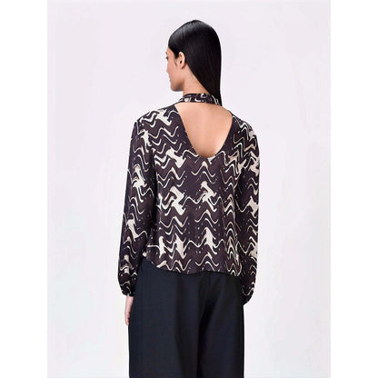Genes Lecoanet Hemant Women's Viscose Tie Up Neck Printed Puff Sleeves Styled Top