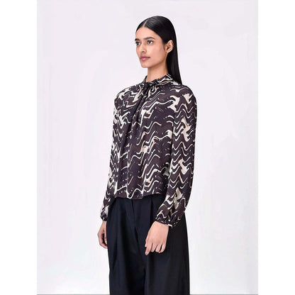 Genes Lecoanet Hemant Women's Viscose Tie Up Neck Printed Puff Sleeves Styled Top