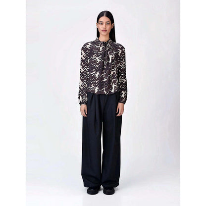 Genes Lecoanet Hemant Women's Viscose Tie Up Neck Printed Puff Sleeves Styled Top