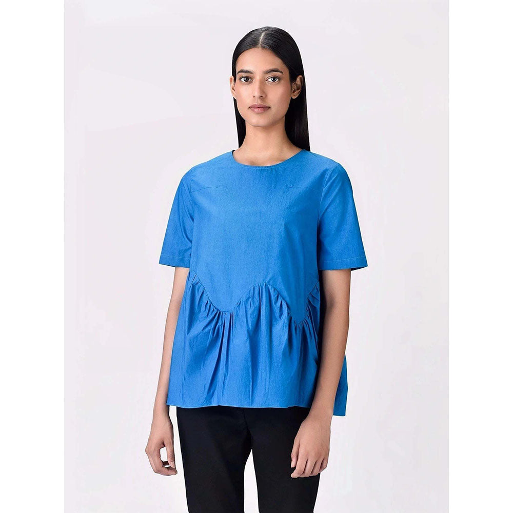 Genes Lecoanet Hemant Women's Blue Cotton Round Neck Solid Half Sleeves Top