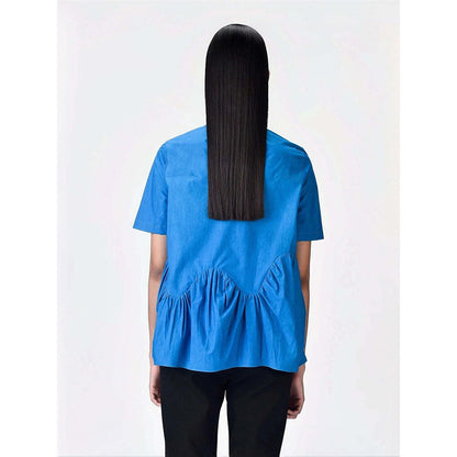 Genes Lecoanet Hemant Women's Blue Cotton Round Neck Solid Half Sleeves Top