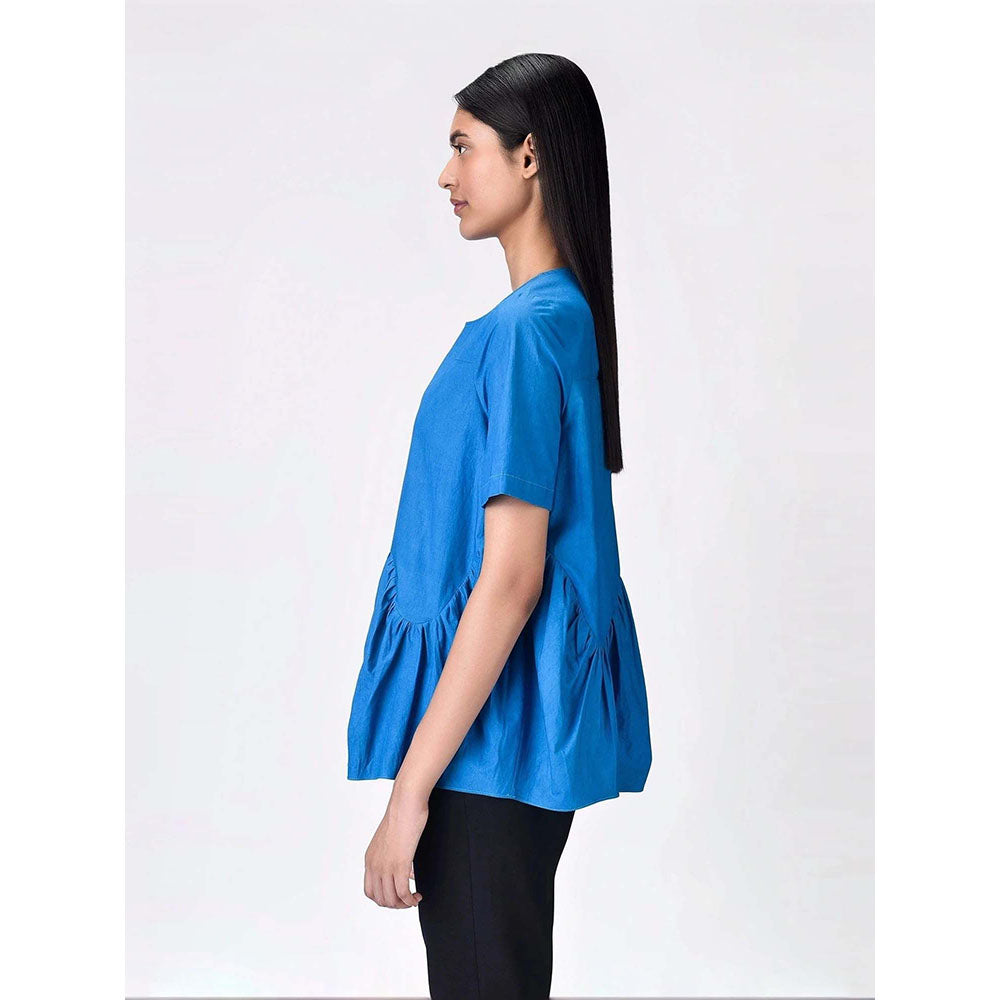 Genes Lecoanet Hemant Women's Blue Cotton Round Neck Solid Half Sleeves Top