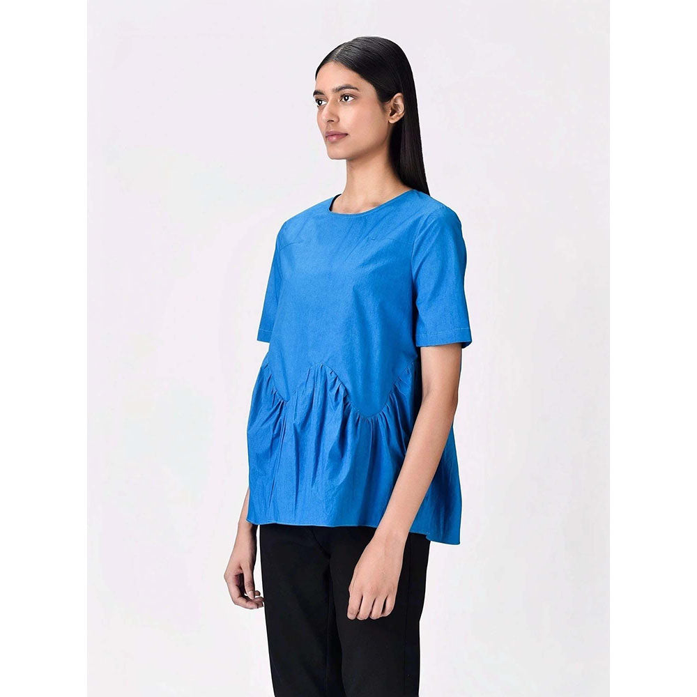 Genes Lecoanet Hemant Women's Blue Cotton Round Neck Solid Half Sleeves Top