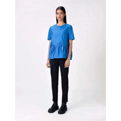 Genes Lecoanet Hemant Women's Blue Cotton Round Neck Solid Half Sleeves Top