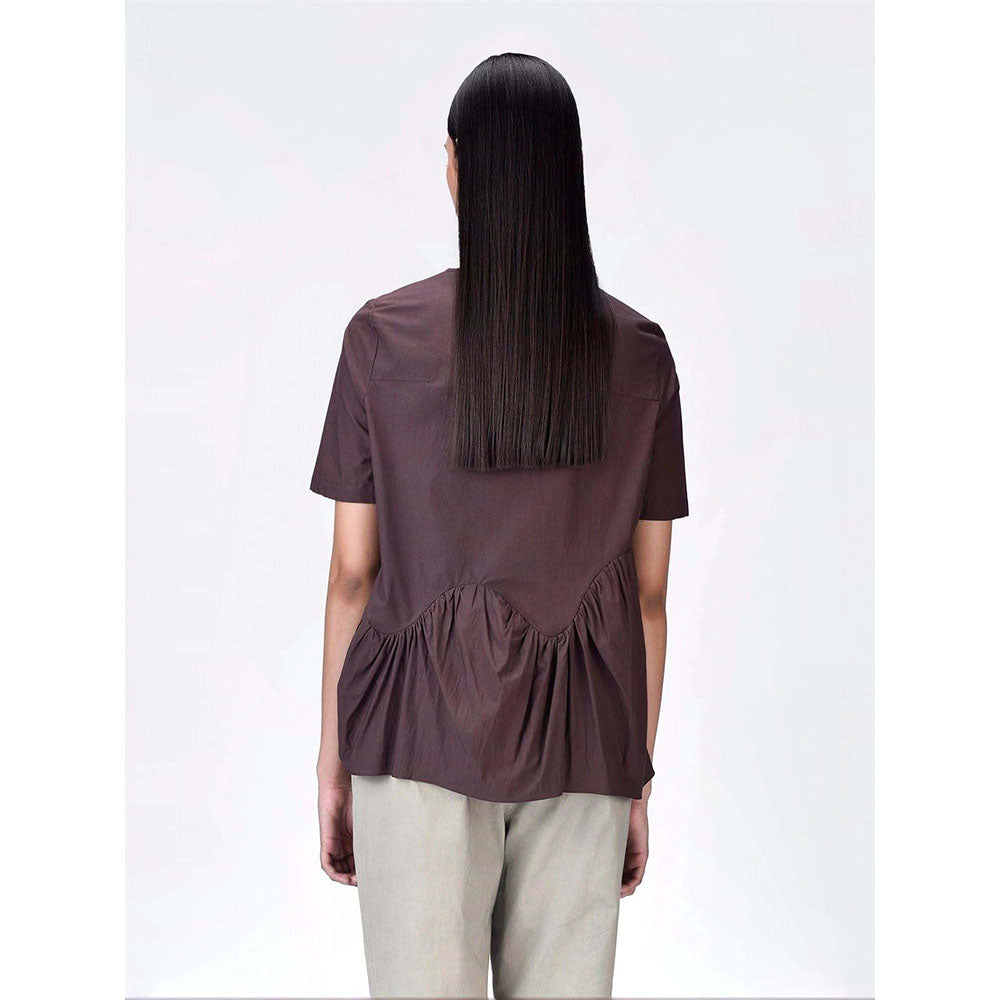 Genes Lecoanet Hemant Women's Brown Cotton Round Neck Solid Half Sleeves Top