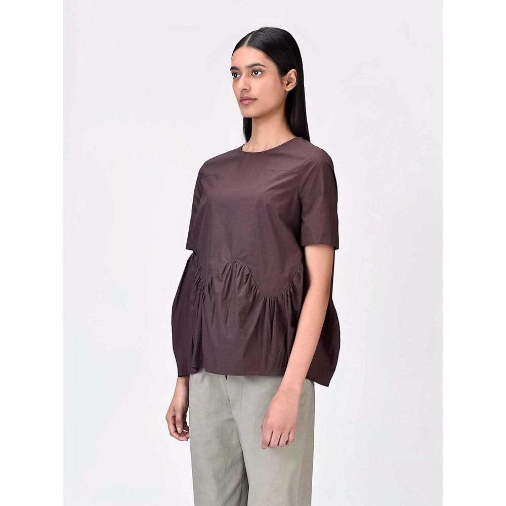 Genes Lecoanet Hemant Women's Brown Cotton Round Neck Solid Half Sleeves Top