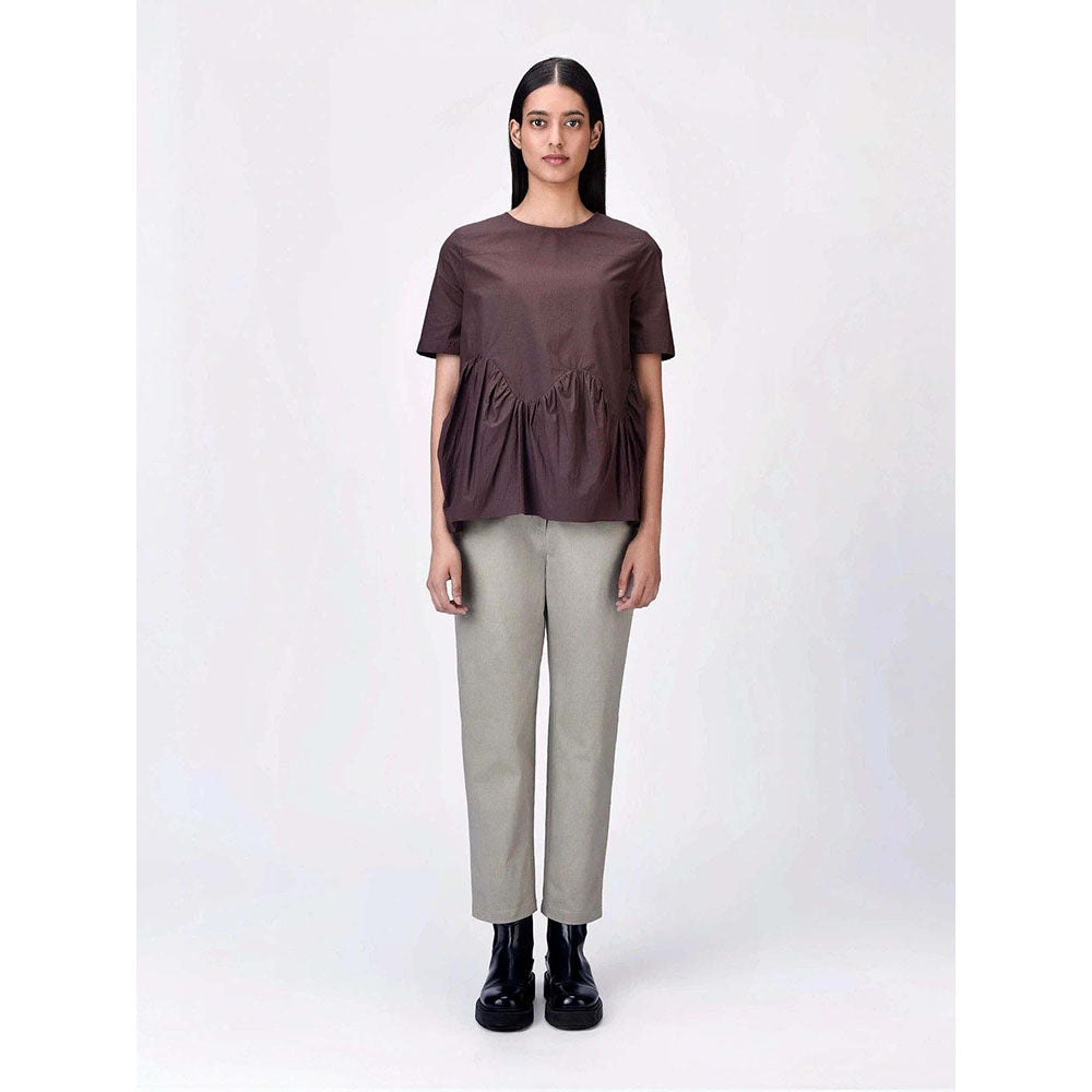 Genes Lecoanet Hemant Women's Brown Cotton Round Neck Solid Half Sleeves Top