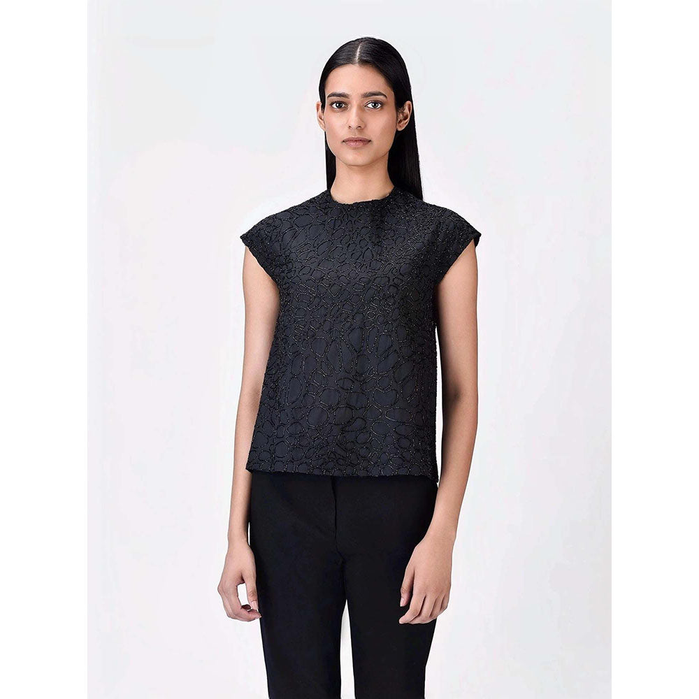 Genes Lecoanet Hemant Women's Cotton Round Neck Embellished Solid Half Sleeves Top