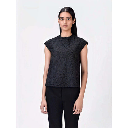 Genes Lecoanet Hemant Women's Cotton Round Neck Embellished Solid Half Sleeves Top