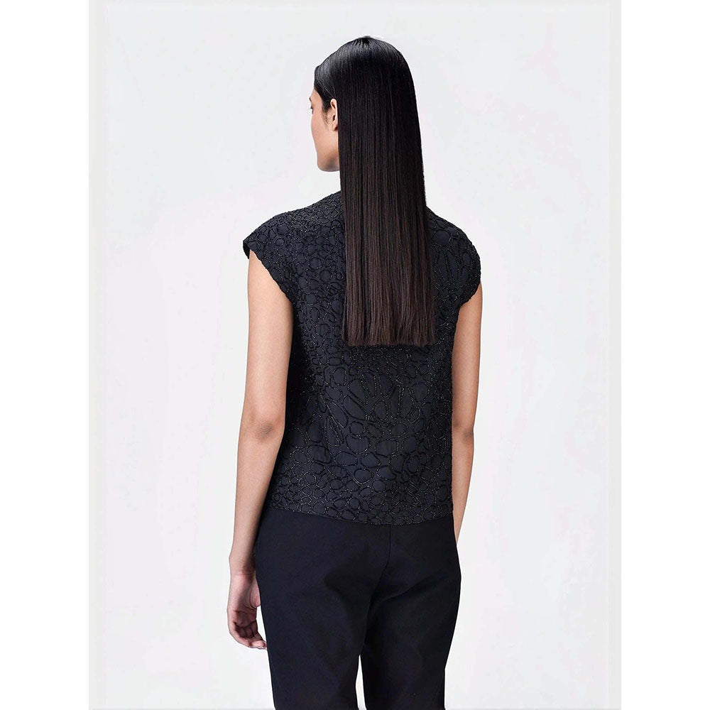 Genes Lecoanet Hemant Women's Cotton Round Neck Embellished Solid Half Sleeves Top