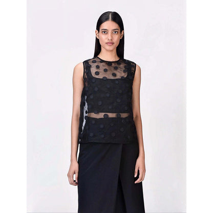 Genes Lecoanet Hemant Women's Organza Round Neck Solid Embroidered Sleeveless Top