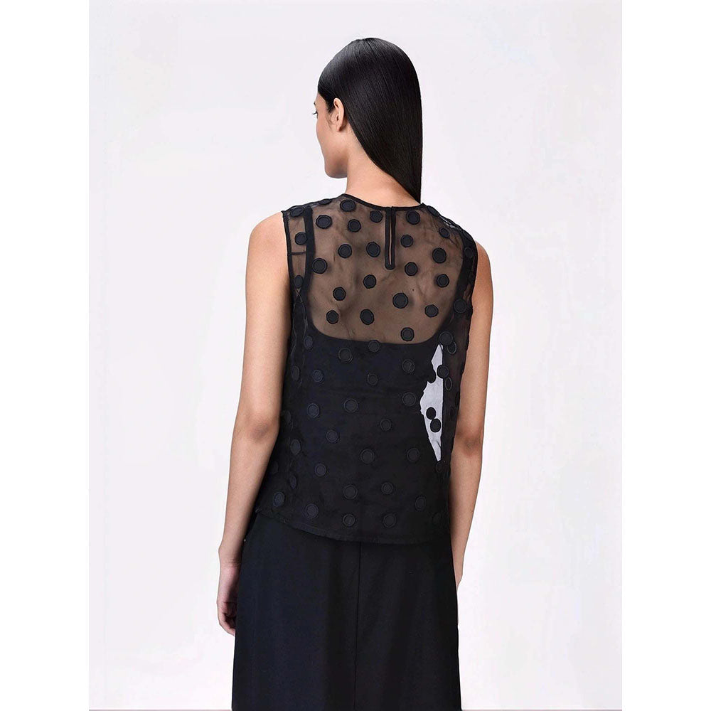 Genes Lecoanet Hemant Women's Organza Round Neck Solid Embroidered Sleeveless Top