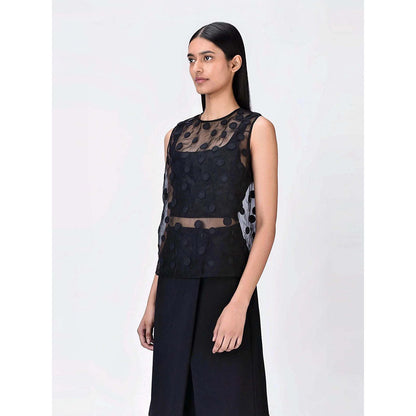 Genes Lecoanet Hemant Women's Organza Round Neck Solid Embroidered Sleeveless Top