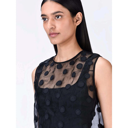 Genes Lecoanet Hemant Women's Organza Round Neck Solid Embroidered Sleeveless Top