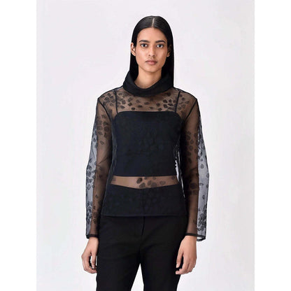 Genes Lecoanet Hemant Women's Organza Turtle Neck Embroidered Self Design Full Sleeves Top