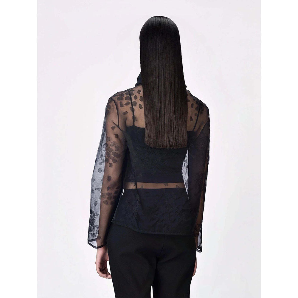 Genes Lecoanet Hemant Women's Organza Turtle Neck Embroidered Self Design Full Sleeves Top