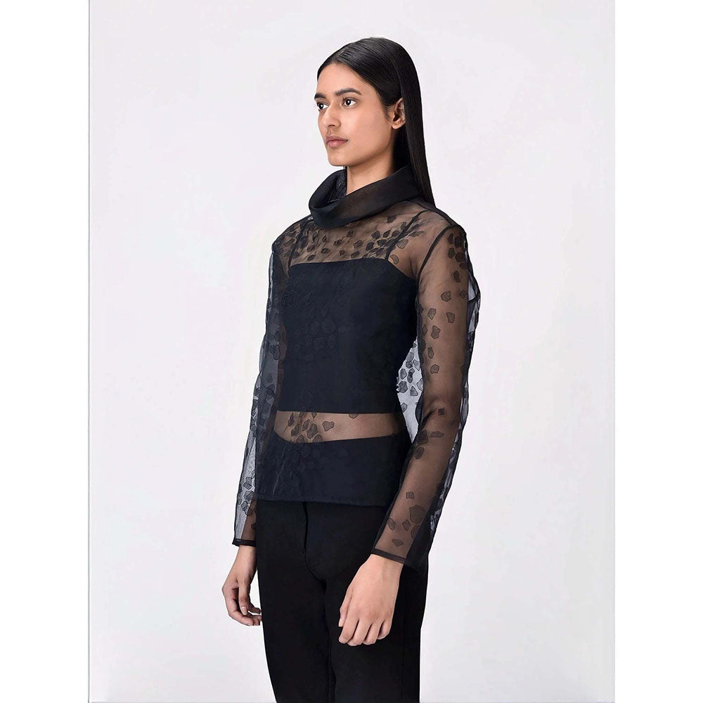 Genes Lecoanet Hemant Women's Organza Turtle Neck Embroidered Self Design Full Sleeves Top