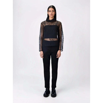 Genes Lecoanet Hemant Women's Organza Turtle Neck Embroidered Self Design Full Sleeves Top