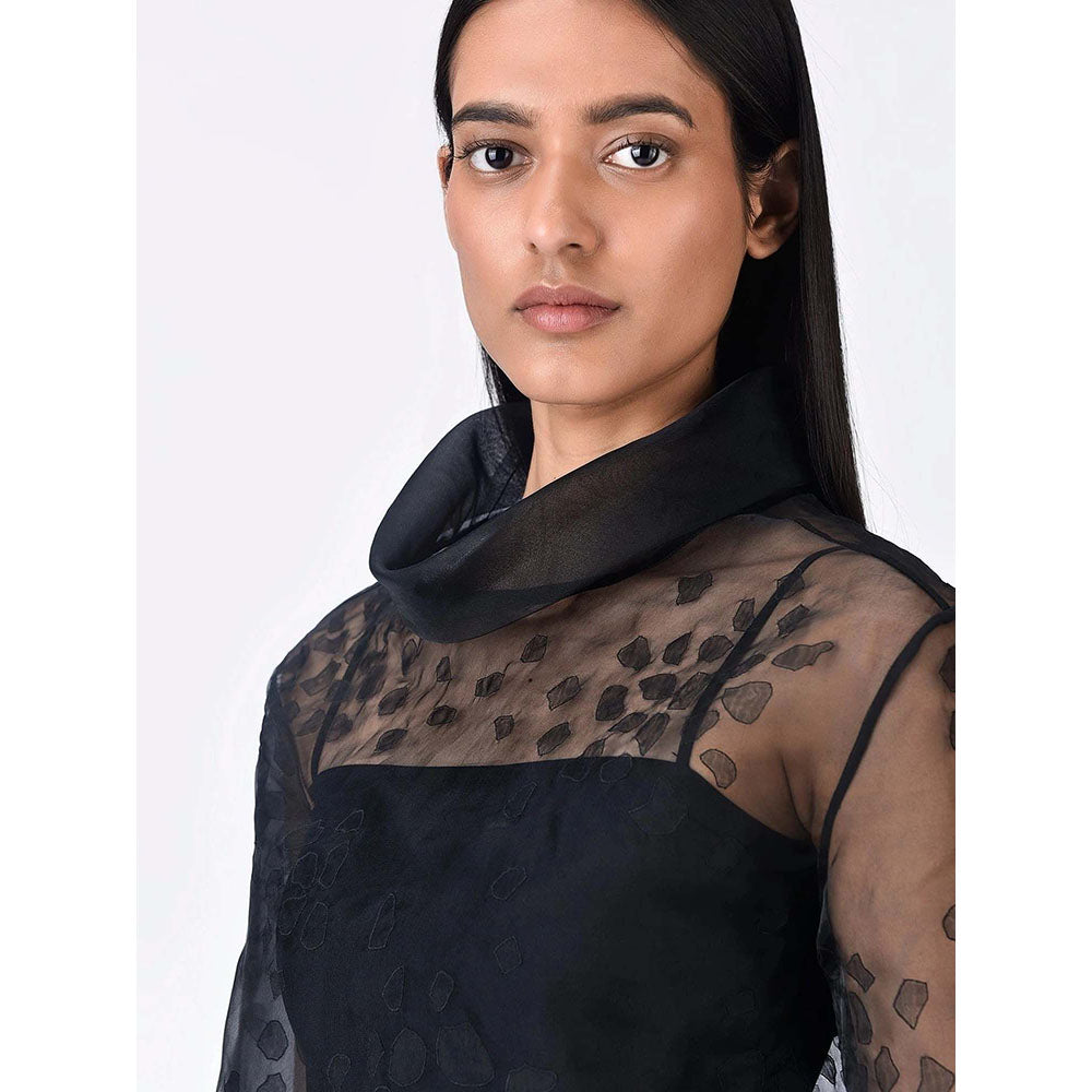 Genes Lecoanet Hemant Women's Organza Turtle Neck Embroidered Self Design Full Sleeves Top