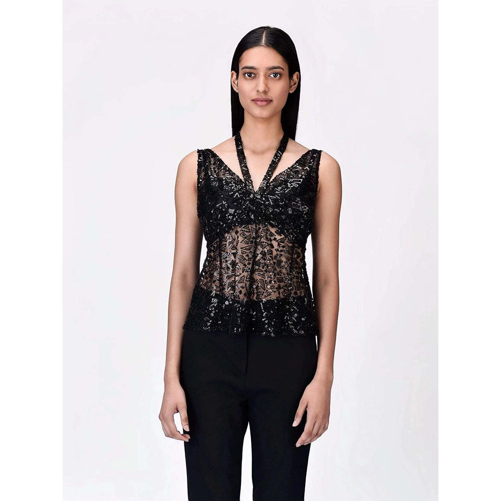 Genes Lecoanet Hemant Women's Cotton Halter Neck Embellished Sleeveless Top