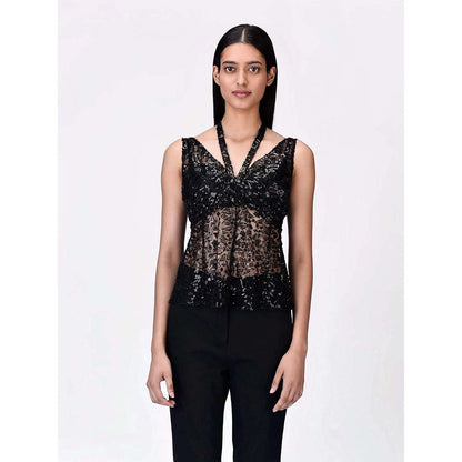 Genes Lecoanet Hemant Women's Cotton Halter Neck Embellished Sleeveless Top