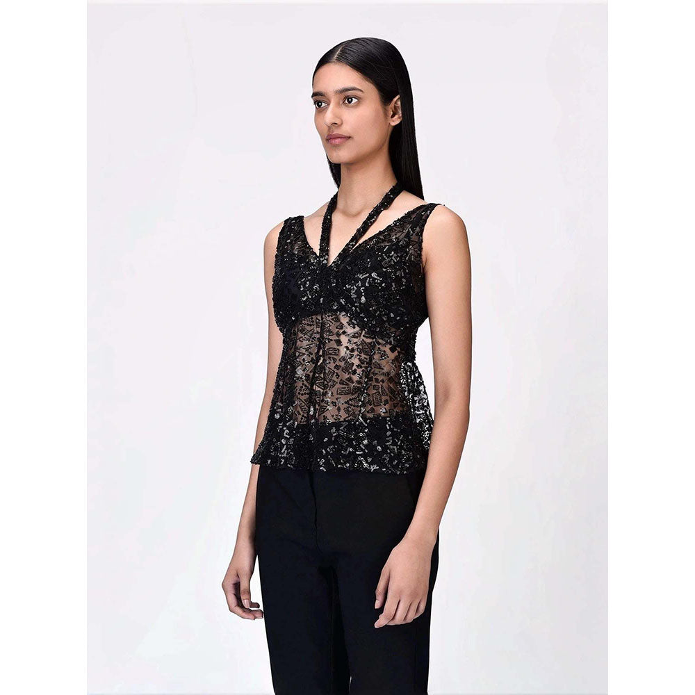 Genes Lecoanet Hemant Women's Cotton Halter Neck Embellished Sleeveless Top