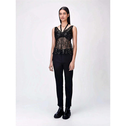 Genes Lecoanet Hemant Women's Cotton Halter Neck Embellished Sleeveless Top