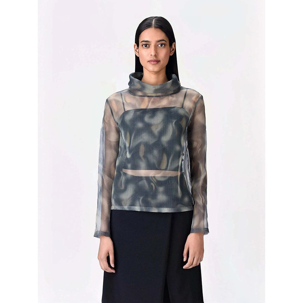 Genes Lecoanet Hemant Women's Organza Turtle Neck Printed Full Sleeves A-Line Top