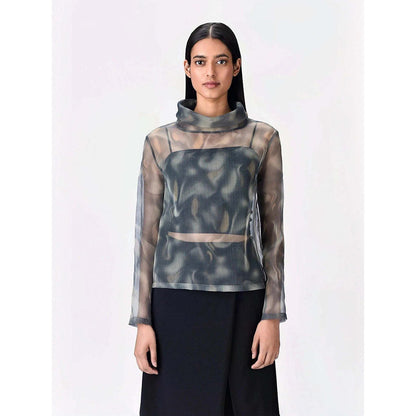 Genes Lecoanet Hemant Women's Organza Turtle Neck Printed Full Sleeves A-Line Top