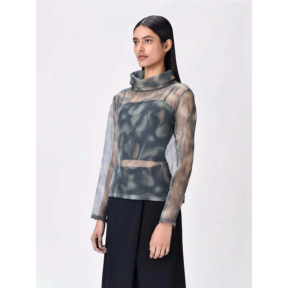 Genes Lecoanet Hemant Women's Organza Turtle Neck Printed Full Sleeves A-Line Top