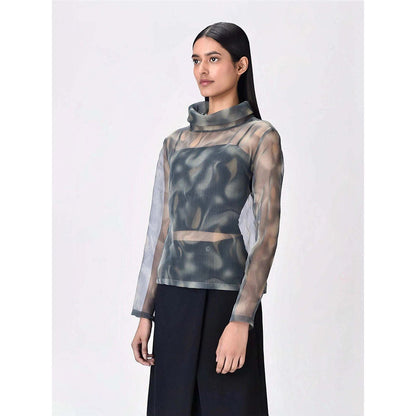 Genes Lecoanet Hemant Women's Organza Turtle Neck Printed Full Sleeves A-Line Top