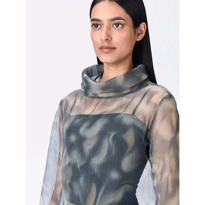 Genes Lecoanet Hemant Women's Organza Turtle Neck Printed Full Sleeves A-Line Top
