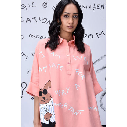 Genes Lecoanet Hemant Rabbit Text Oversized Print Shirt Peach