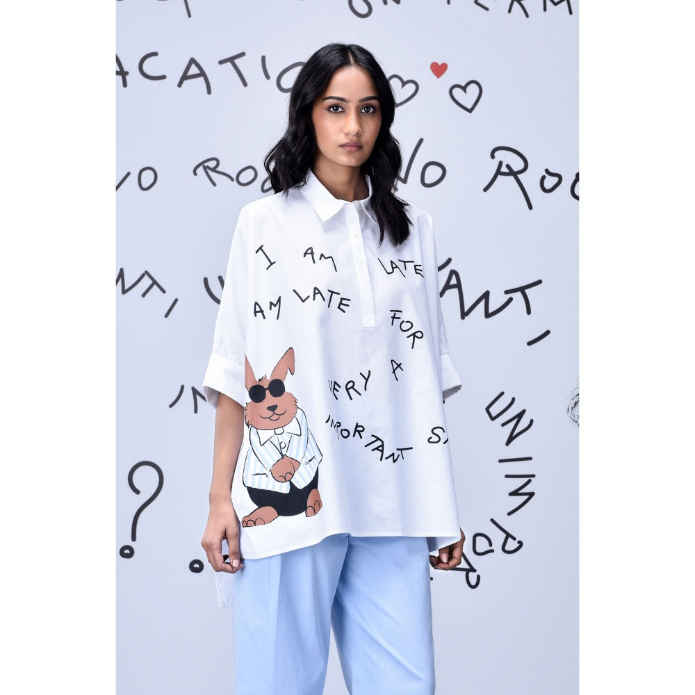 Genes Lecoanet Hemant Rabbit Text Oversized Print Shirt White