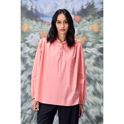 Genes Lecoanet Hemant Malmal Lace Up Top- Coral Peach