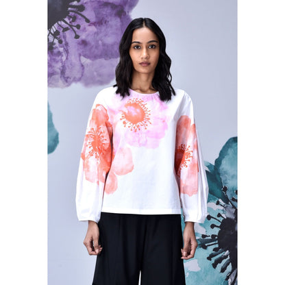 Genes Lecoanet Hemant Anemone Flower Top- White & Coral