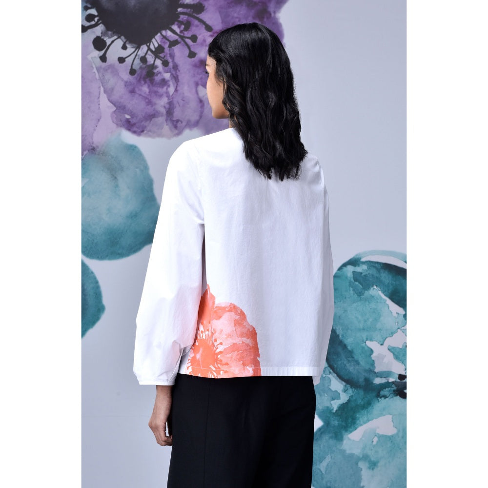 Genes Lecoanet Hemant Anemone Flower Top- White & Coral