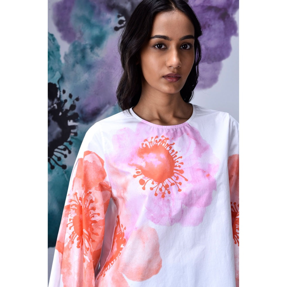 Genes Lecoanet Hemant Anemone Flower Top- White & Coral