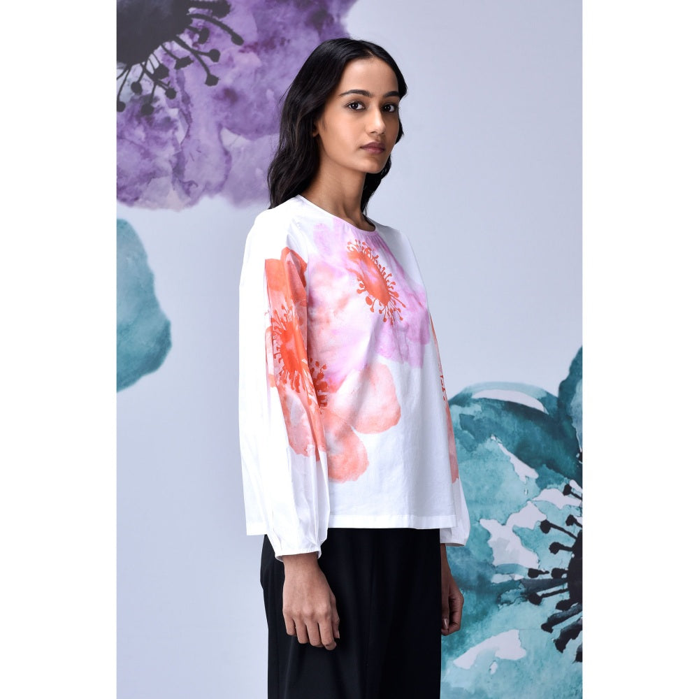 Genes Lecoanet Hemant Anemone Flower Top- White & Coral