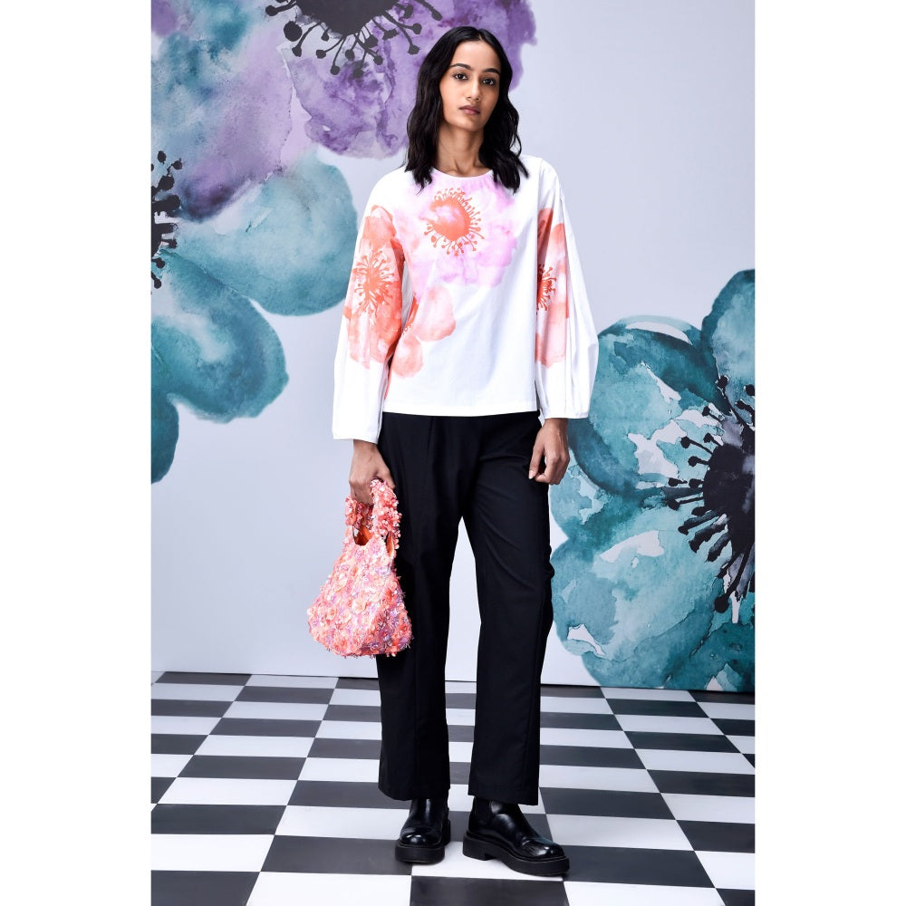 Genes Lecoanet Hemant Anemone Flower Top- White & Coral