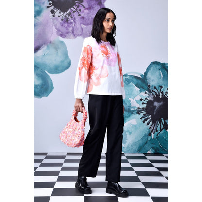 Genes Lecoanet Hemant Anemone Flower Top- White & Coral