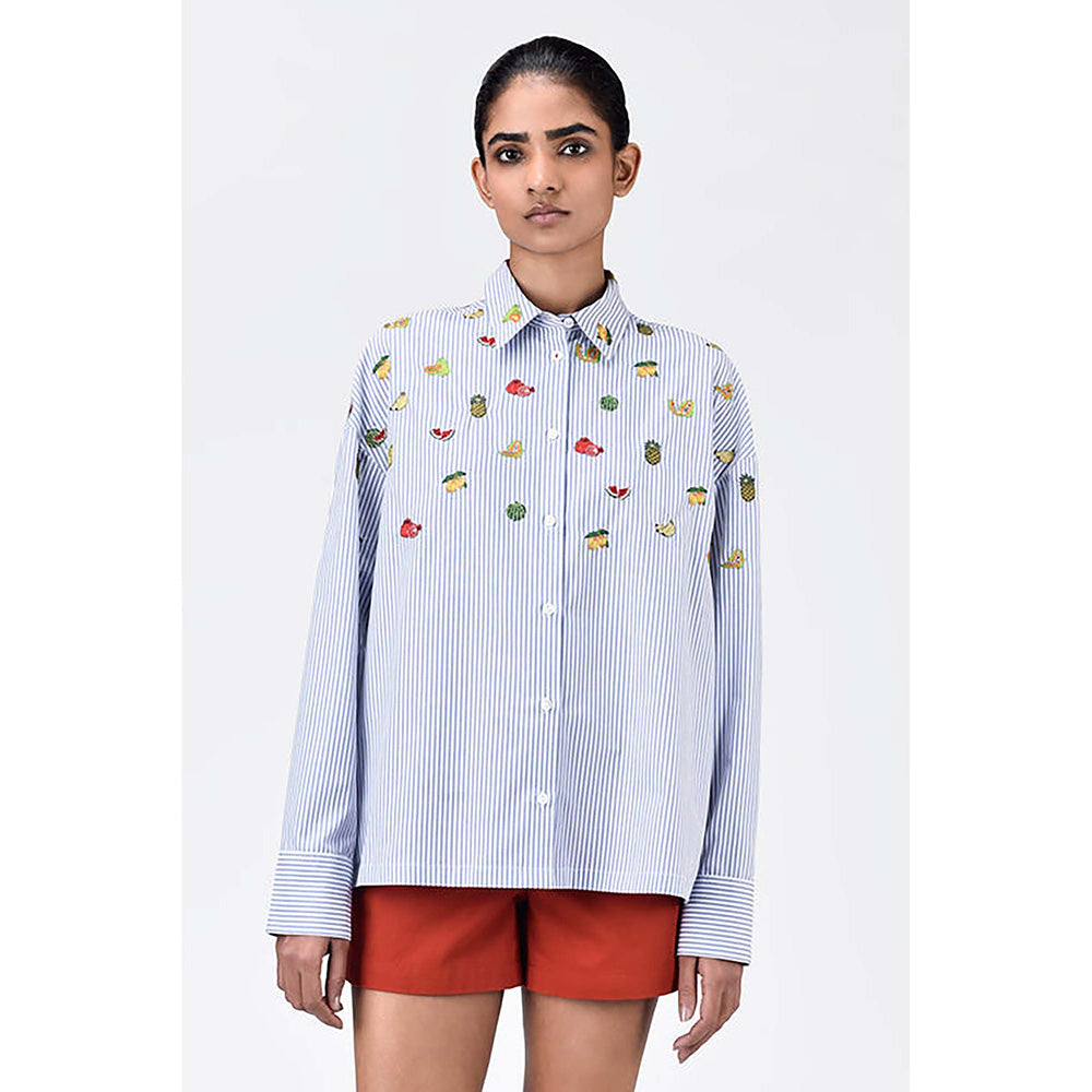 Genes Lecoanet Hemant Easy-Fit Striped Button-Up Shirt With Mixed Fruit Embroidery