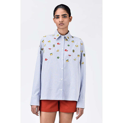 Genes Lecoanet Hemant Easy-Fit Striped Button-Up Shirt With Mixed Fruit Embroidery