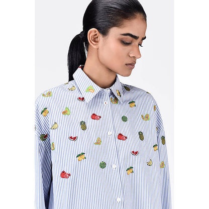 Genes Lecoanet Hemant Easy-Fit Striped Button-Up Shirt With Mixed Fruit Embroidery