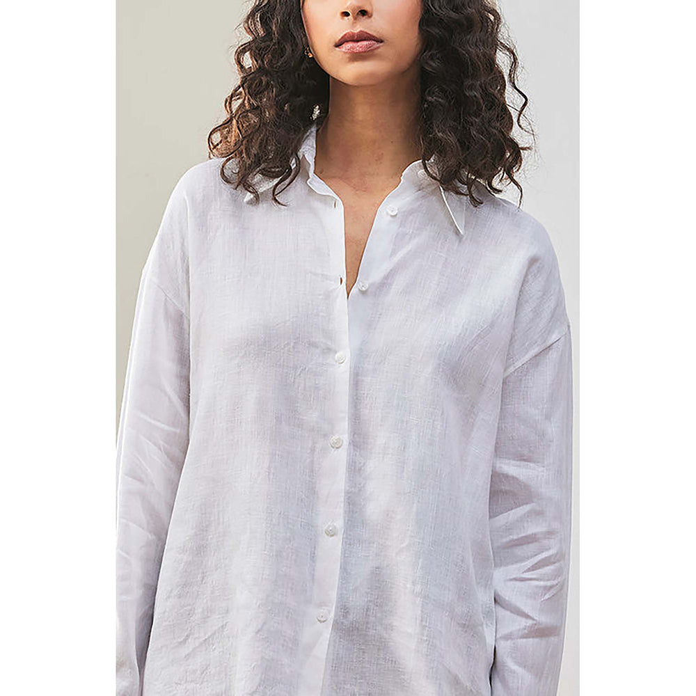 Genes Lecoanet Hemant White Linen Shirt With Tonal Embroidered Signature