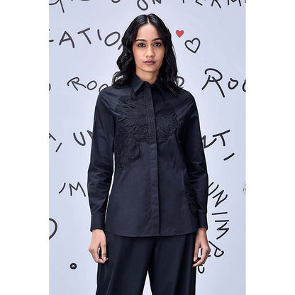 Genes Lecoanet Hemant Black Giza Cotton Poplin Shirt With Tonal Applique Detailing
