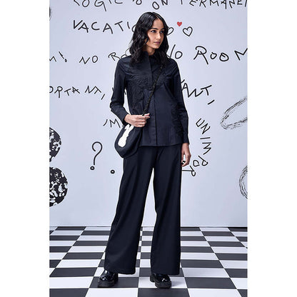 Genes Lecoanet Hemant Black Giza Cotton Poplin Shirt With Tonal Applique Detailing