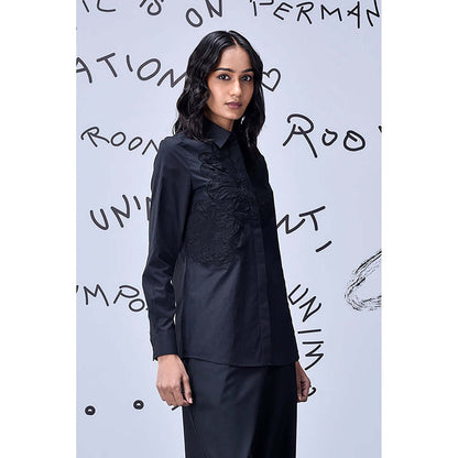 Genes Lecoanet Hemant Black Giza Cotton Poplin Shirt With Tonal Applique Detailing