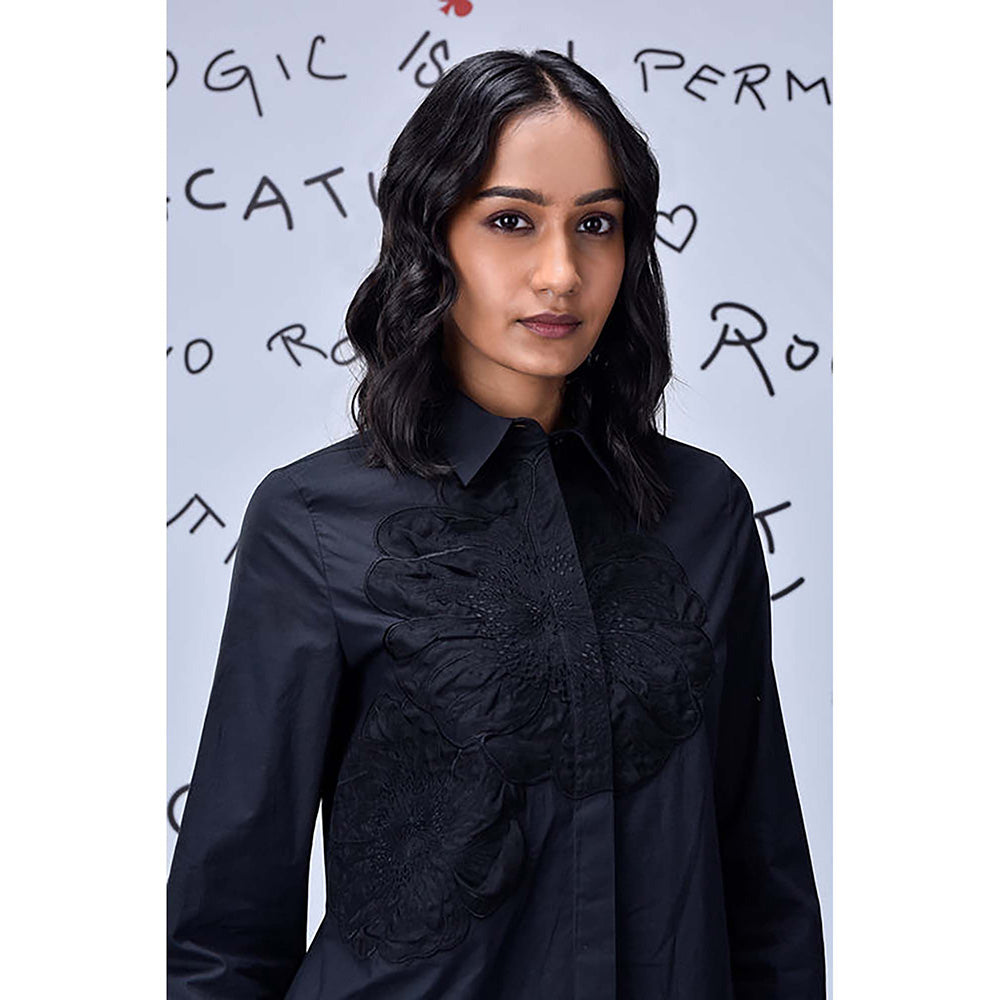 Genes Lecoanet Hemant Black Giza Cotton Poplin Shirt With Tonal Applique Detailing