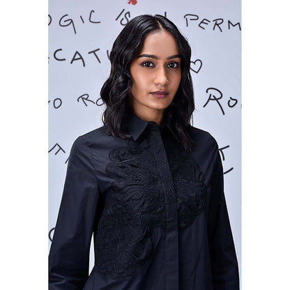 Genes Lecoanet Hemant Black Giza Cotton Poplin Shirt With Tonal Applique Detailing